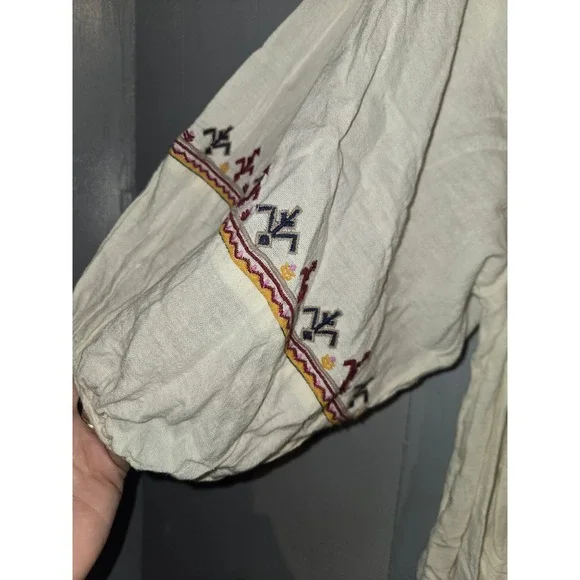 Zara Boho Embroidered White V-Neck Balloon Sleeve Mini Babydoll Dress XS - Picture 4 of 6